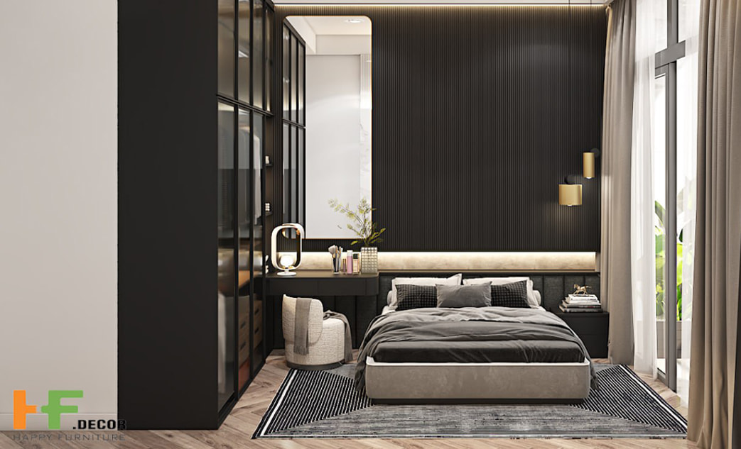Hình ảnh phòng ngủ Master theo thiết kế hiện đại, kết hợp tone màu đen thể hiện sự yêu thích của khách hàng